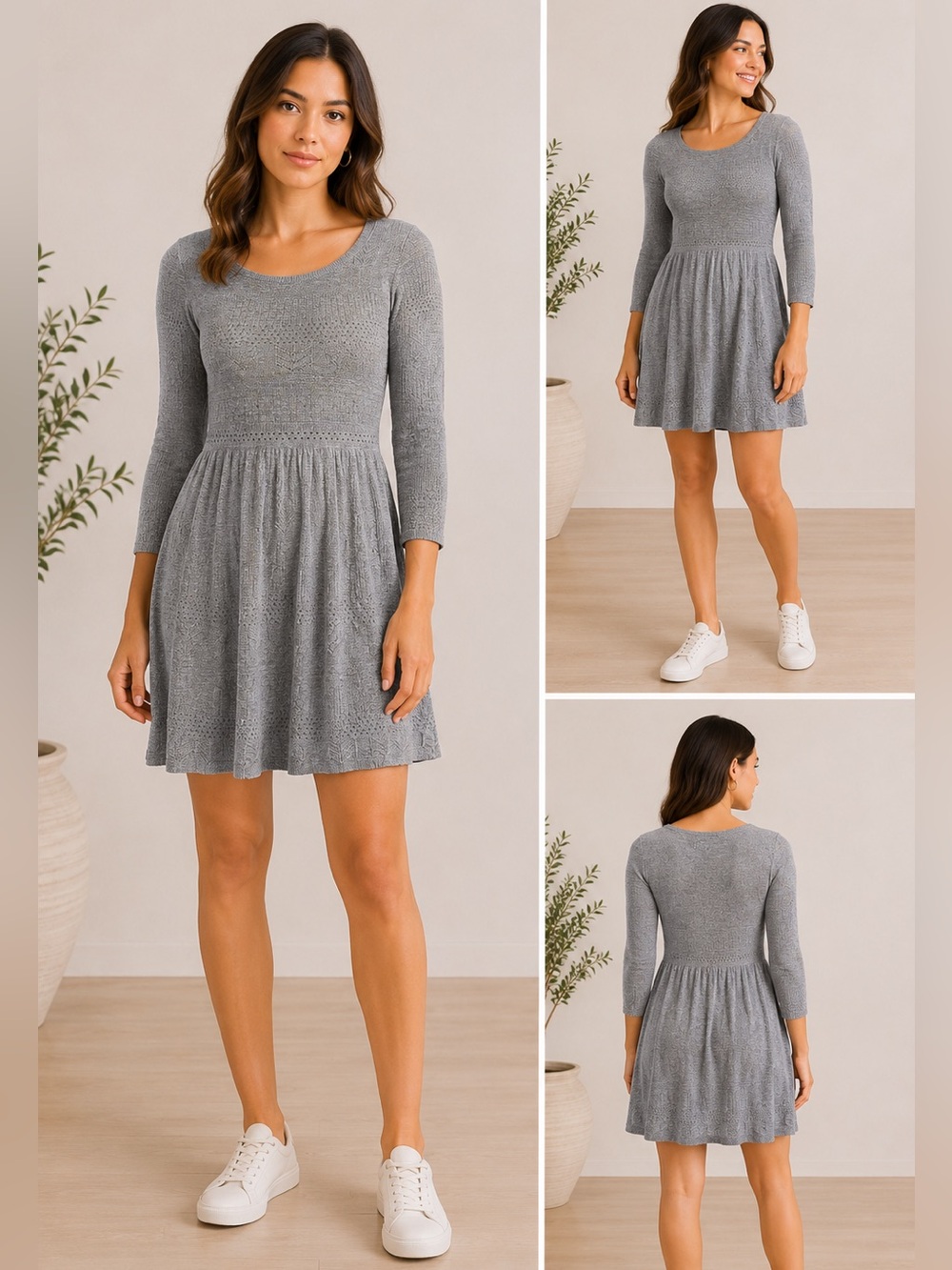 Gray Knit Scoop Neck Long-Sleeve Fit & Flare Dress
